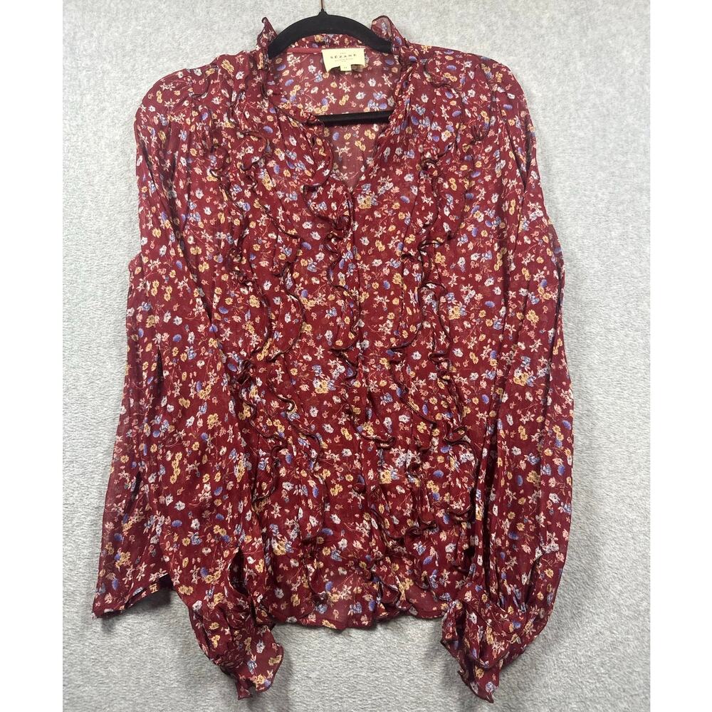 Sezane Blouse Top Size 34/US 2 Red Floral Print Long Sleeve Ruffle Pullover